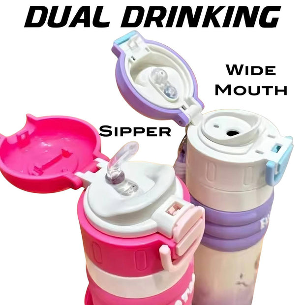 Pink and purple sipper with dual drinking design on a white background