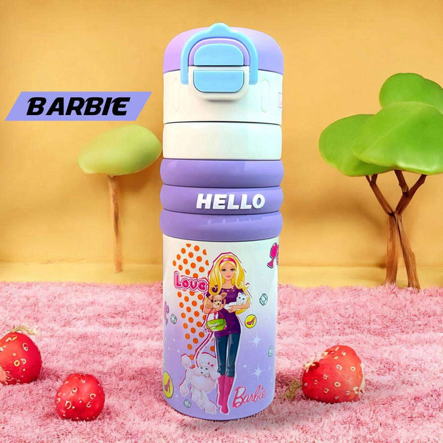 Barbie-themed water bottle with colorful design on a pink and yellow background