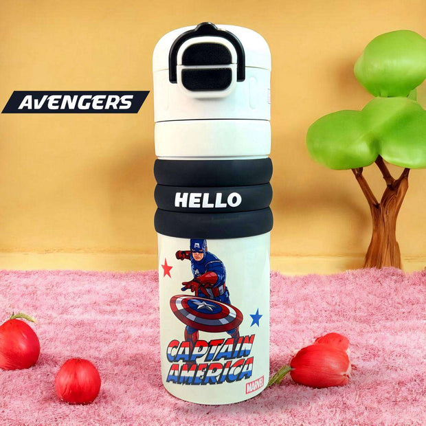 Captain America-themed water bottle with 'Hello' text on a pink and yellow background