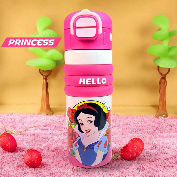 Pink water bottle with Snow White design on a pink surface with strawberries and green plants.