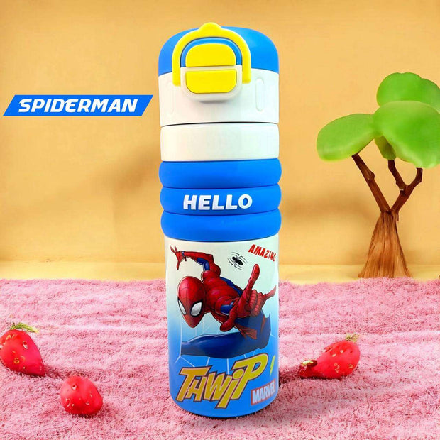 Spider-Man themed water bottle with colorful design on a pink surface with strawberries and a plant.