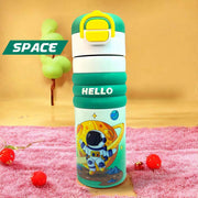 Children's water bottle with space-themed design on a pink surface