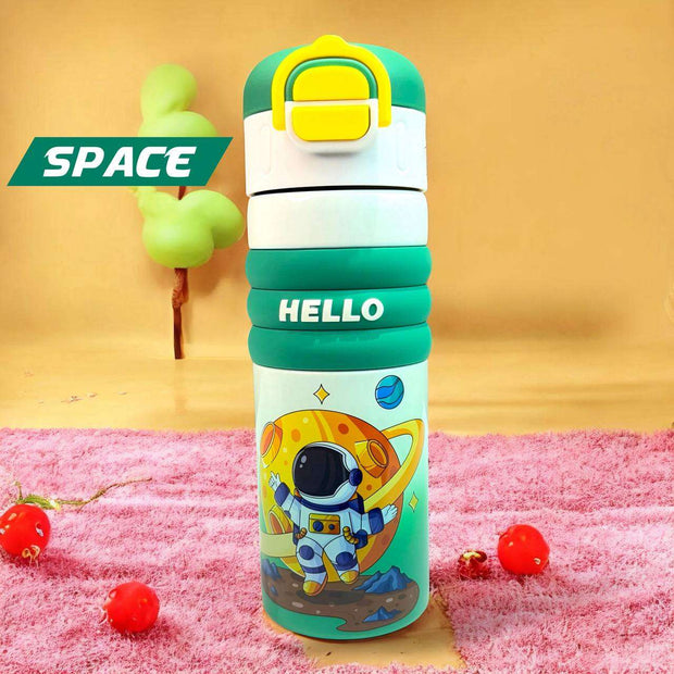 Children's water bottle with space-themed design on a pink surface