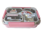 Pink and silver bento box with unicorn and rainbow design on a white background