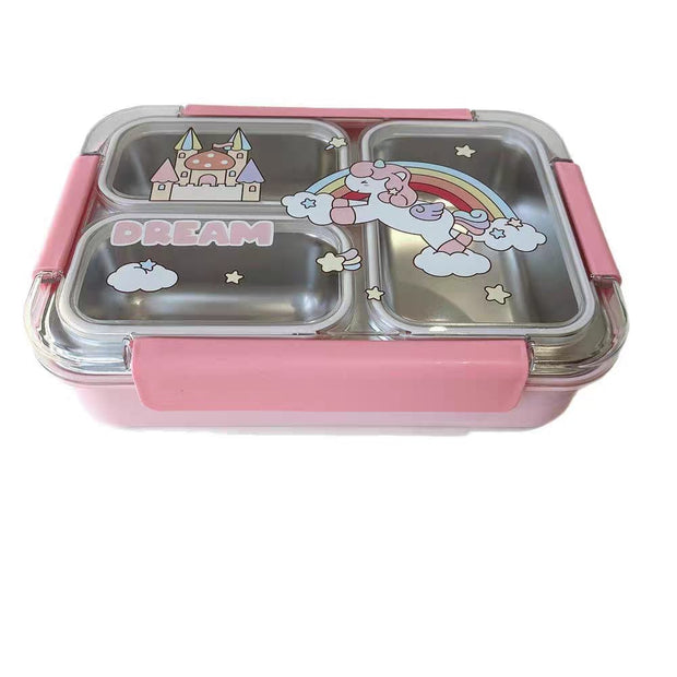 Pink and silver bento box with unicorn and rainbow design on a white background