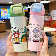 Two cartoon-themed water bottles held in a casual setting.