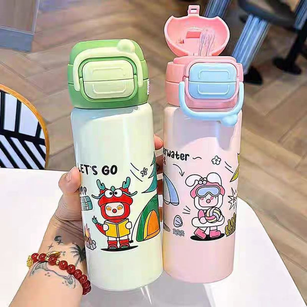 Two colorful water bottles with cartoon designs held by a person.