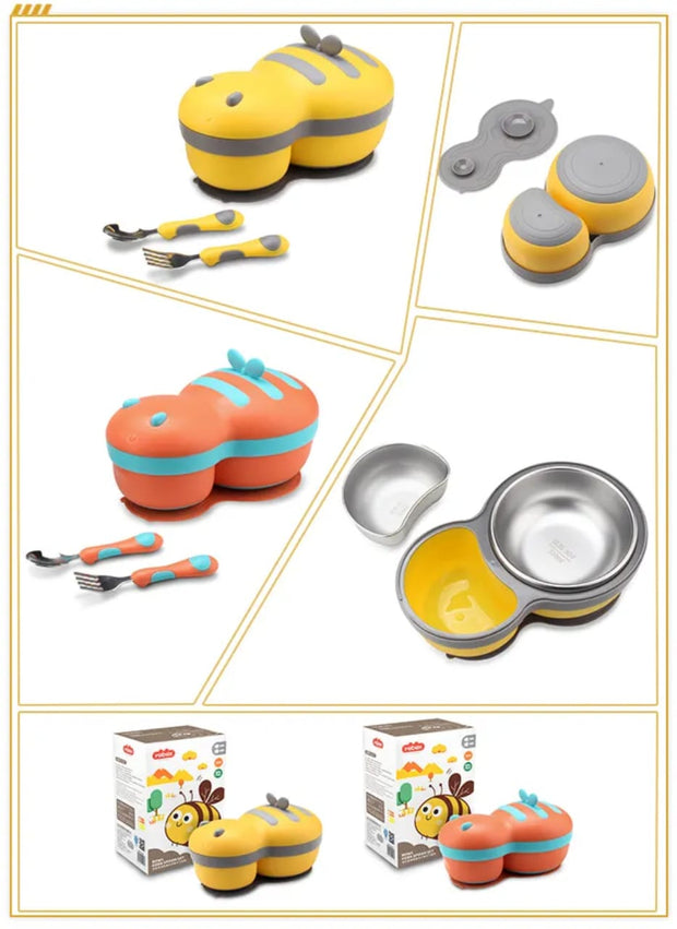 Collection of children's tableware including bowls, spoons, and forks with a bee design.