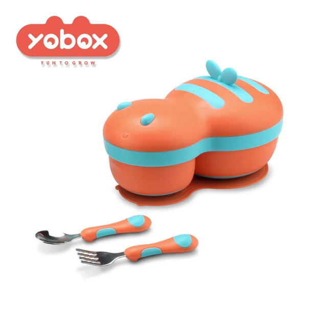 Orange and blue children's lunch box with utensils on a white background, featuring the yobox brand.