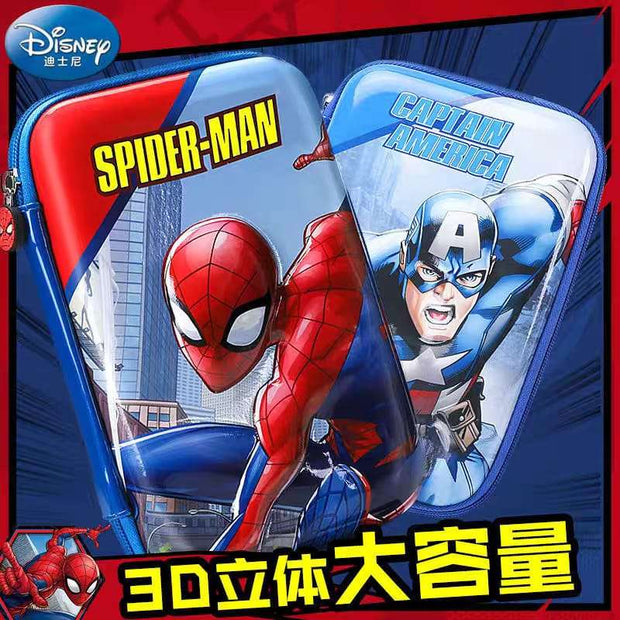 Two superhero pencil cases, one with Spider-Man and the other with Captain America, on a red and blue background.