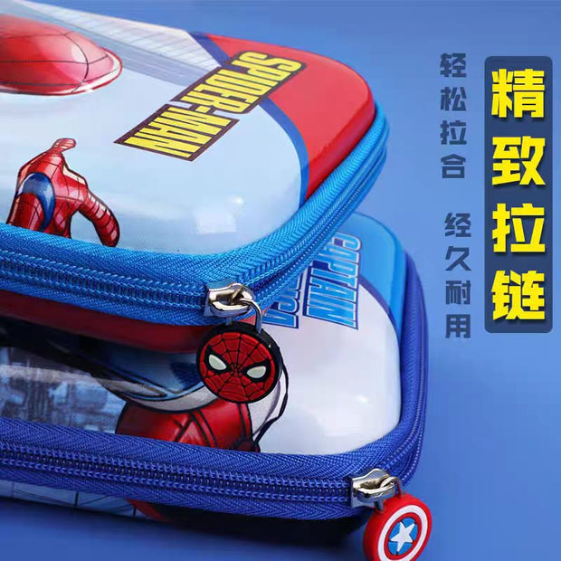 Spider-Man pencil case with blue zipper on a blue background