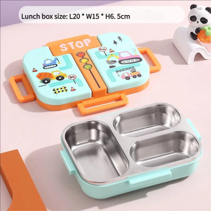Children's lunch box with cartoon designs and a stainless steel compartment on a pink surface.