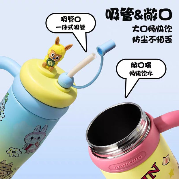 Two children's thermos bottles with cartoon designs on a light blue background