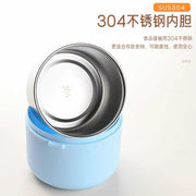 Blue thermos with stainless steel interior on a white background