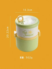 Green and white container with measurements on an orange background
