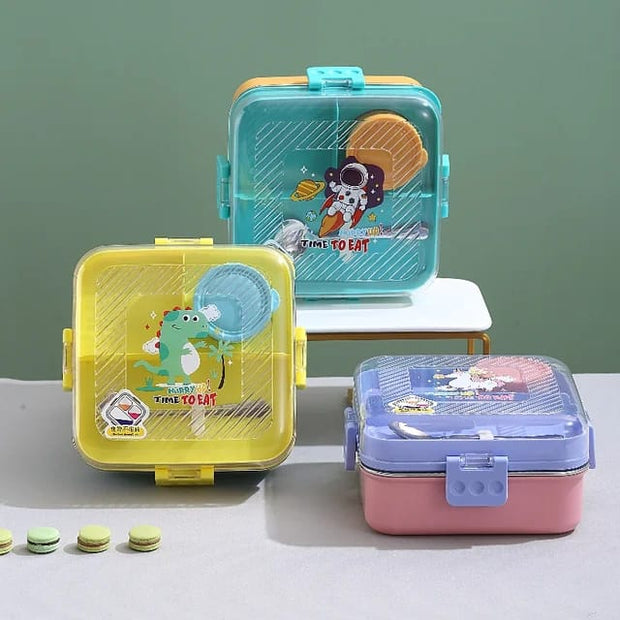 Steel Lunch Box with 3 Compartments, Sauce Bowl & Spoon