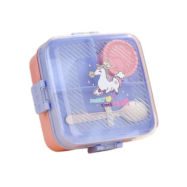 2-Layer Stainless Steel Lunch Box with 3 Compartments, Sauce Bowl & Spoon - Dino, Unicorn, Space Themes