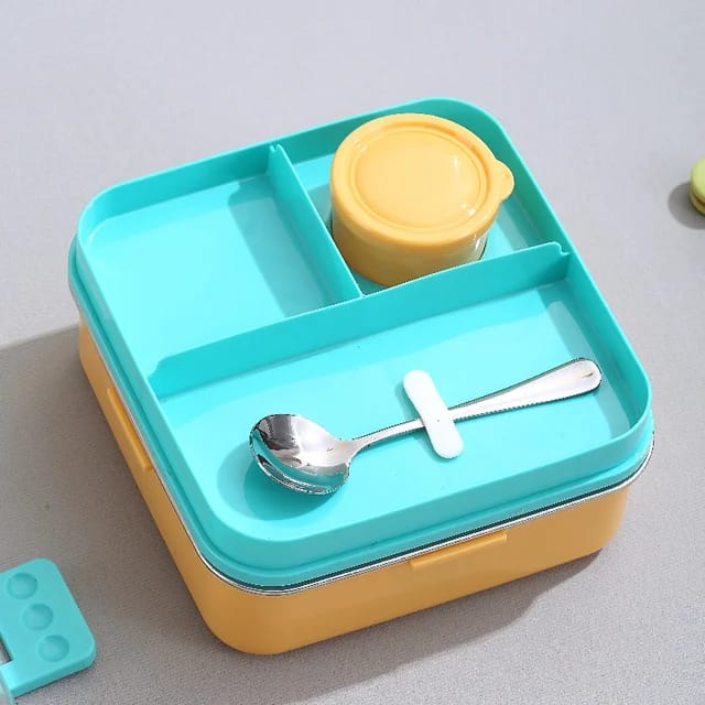 Steel Lunch Box with 3 Compartments, Sauce Bowl & Spoon