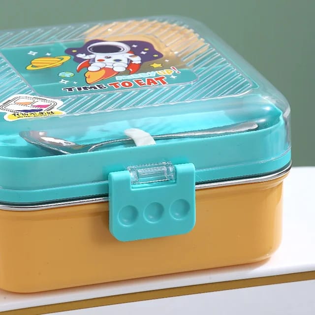 Steel Lunch Box with 3 Compartments, Sauce Bowl & Spoon