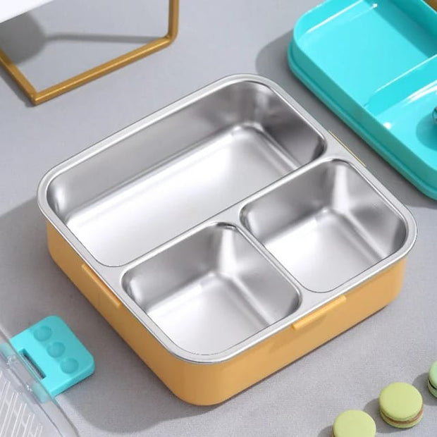 Steel Lunch Box with 3 Compartments, Sauce Bowl & Spoon