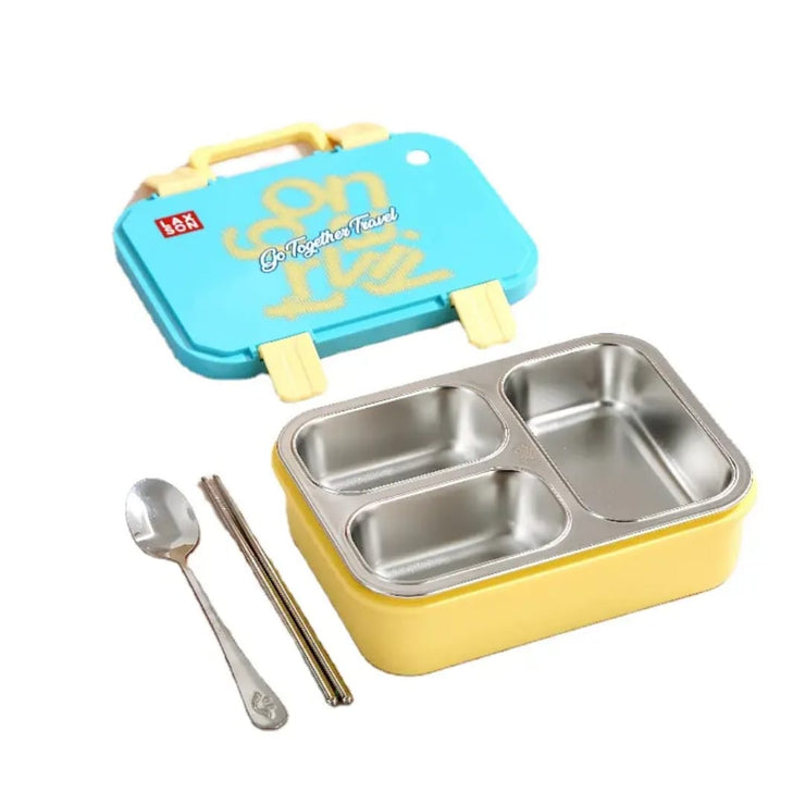 Yellow and blue lunch box with compartments, spoon, and chopsticks on a white background