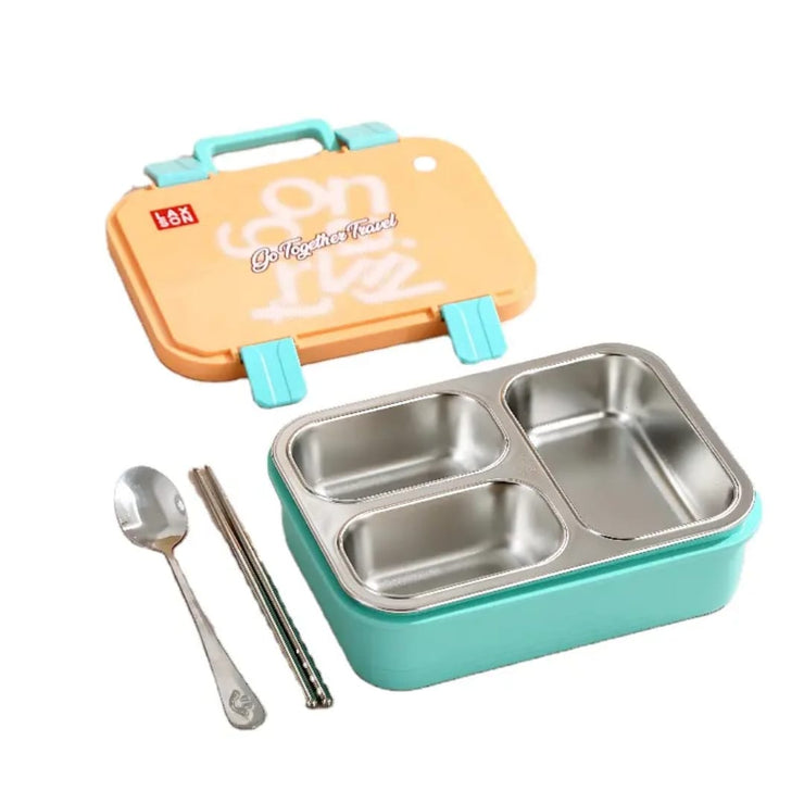 Bento box with compartments, spoon, and chopsticks on a white background