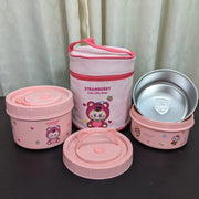 Kaola Brown & Strawberry Bear Insulated Lunch Box Set - 600ml + 400ml + 400ml Bowls with Lunch Bag