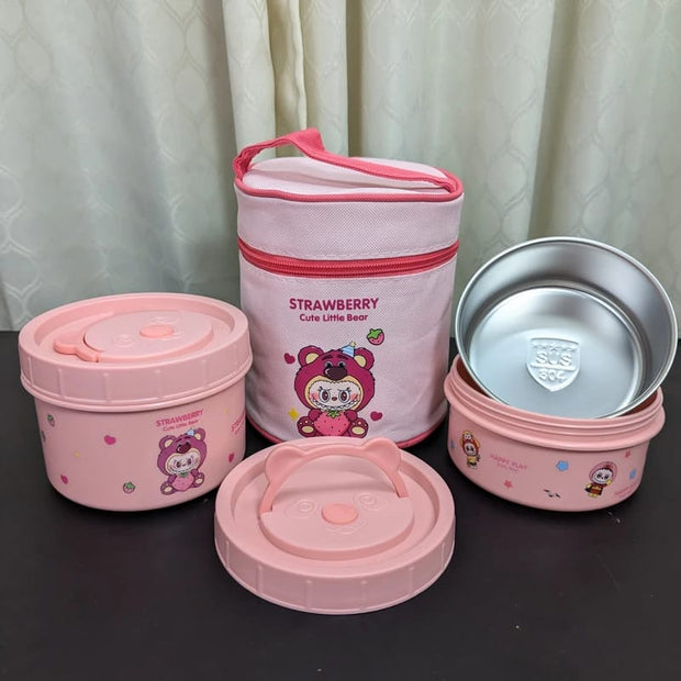 Kaola Brown & Strawberry Bear Insulated Lunch Box Set - 600ml + 400ml + 400ml Bowls with Lunch Bag