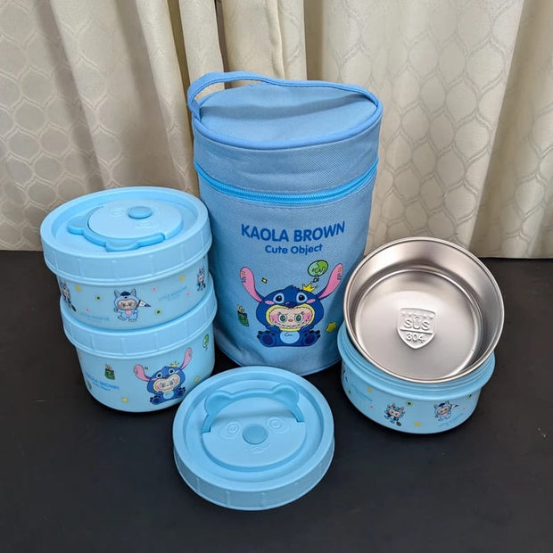 Kaola Brown & Strawberry Bear Insulated Lunch Box Set - 600ml + 400ml + 400ml Bowls with Lunch Bag