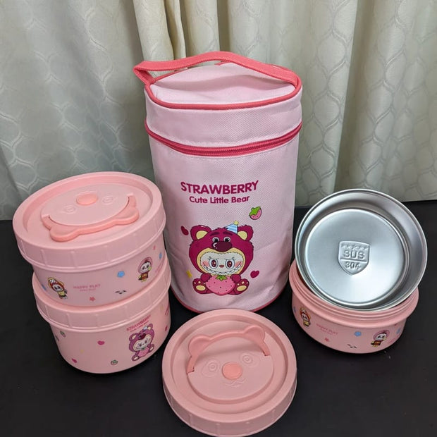 Kaola Brown & Strawberry Bear Insulated Lunch Box Set - 600ml + 400ml + 400ml Bowls with Lunch Bag
