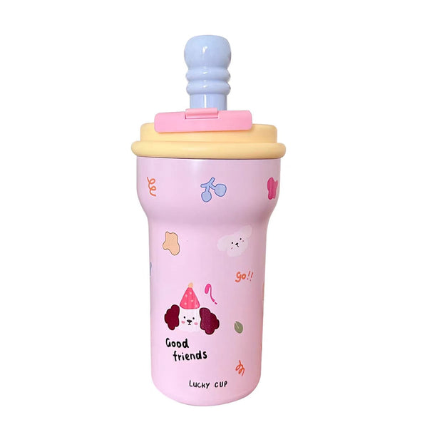 Pink children's cup with cartoon designs and a blue straw on a white background