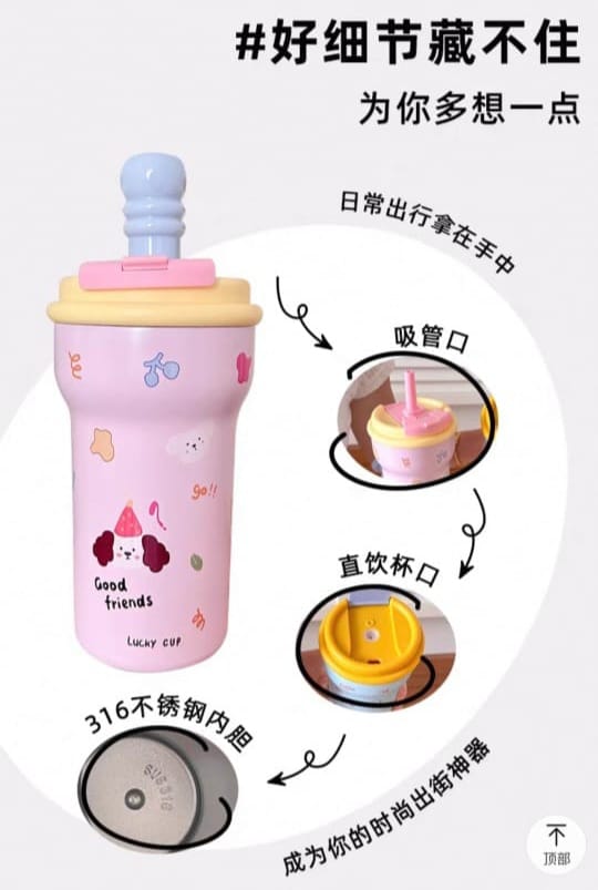 Children's cup with multiple features highlighted on a white background