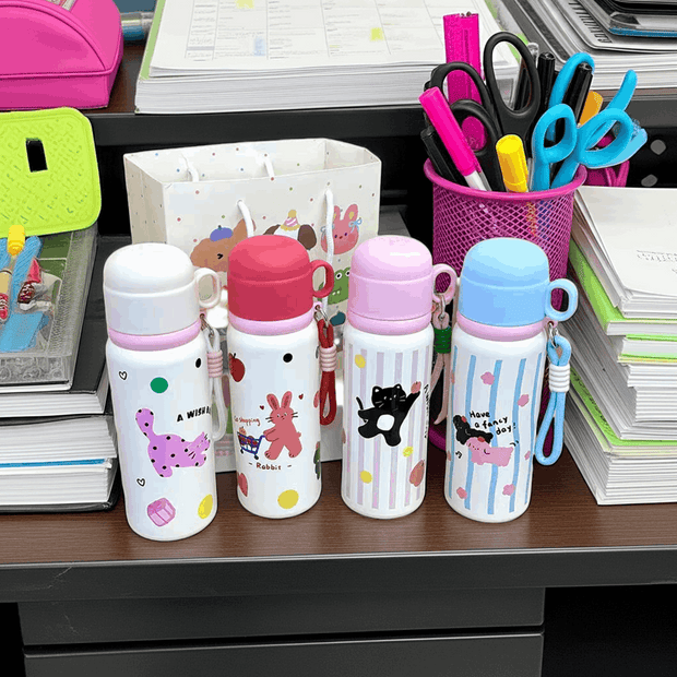 "A Wish!" Rabbit-Themed 550ml 316 Steel Water Bottle with Cup - Elegant & Eco-Friendly Hydration