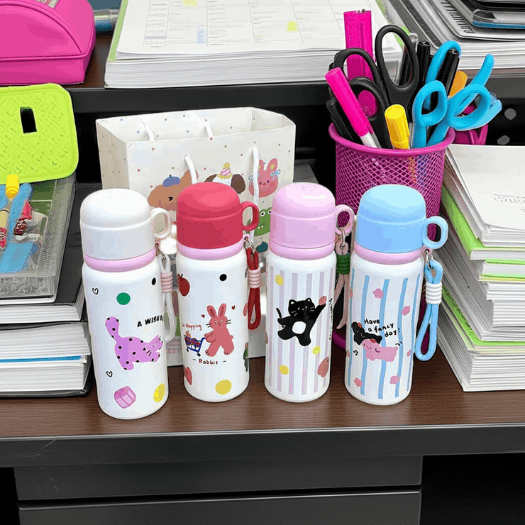 "A Wish!" Rabbit-Themed 550ml 316 Steel Water Bottle with Cup - Elegant & Eco-Friendly Hydration